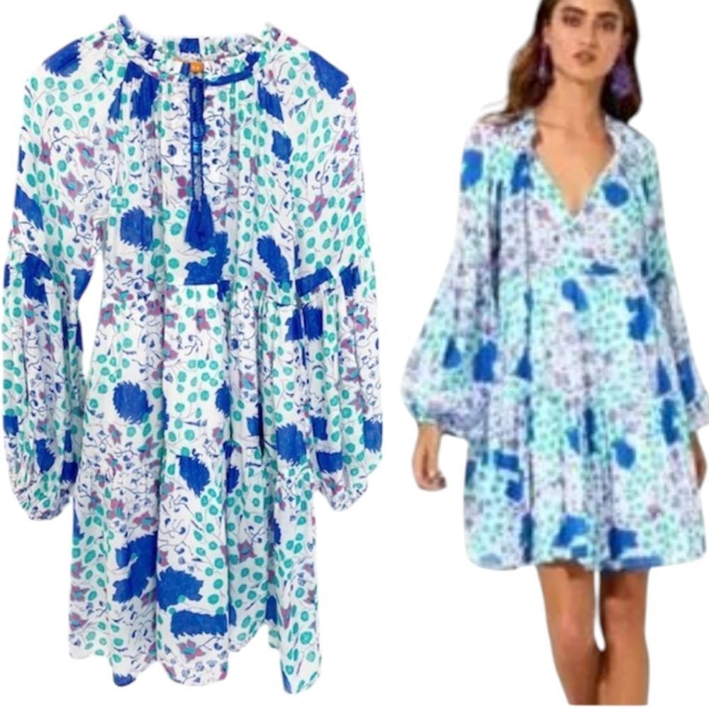 Oliphant Cotton silk Voile Floral Blue White Puff Sleeves Dress S